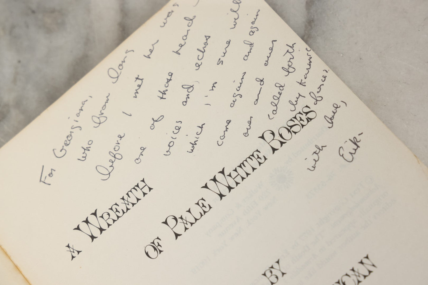 Lot 280 - "A Wreath Of Pale White Roses" Vintage Inscribed Paperback Novel By Erika Duncan, Published By Magic Circle Press, Weston, Ct, 1977, With Author's Signed Gift Inscription And Accompanying Postcard Invitation To Joint Book Release With Anaïs Nin