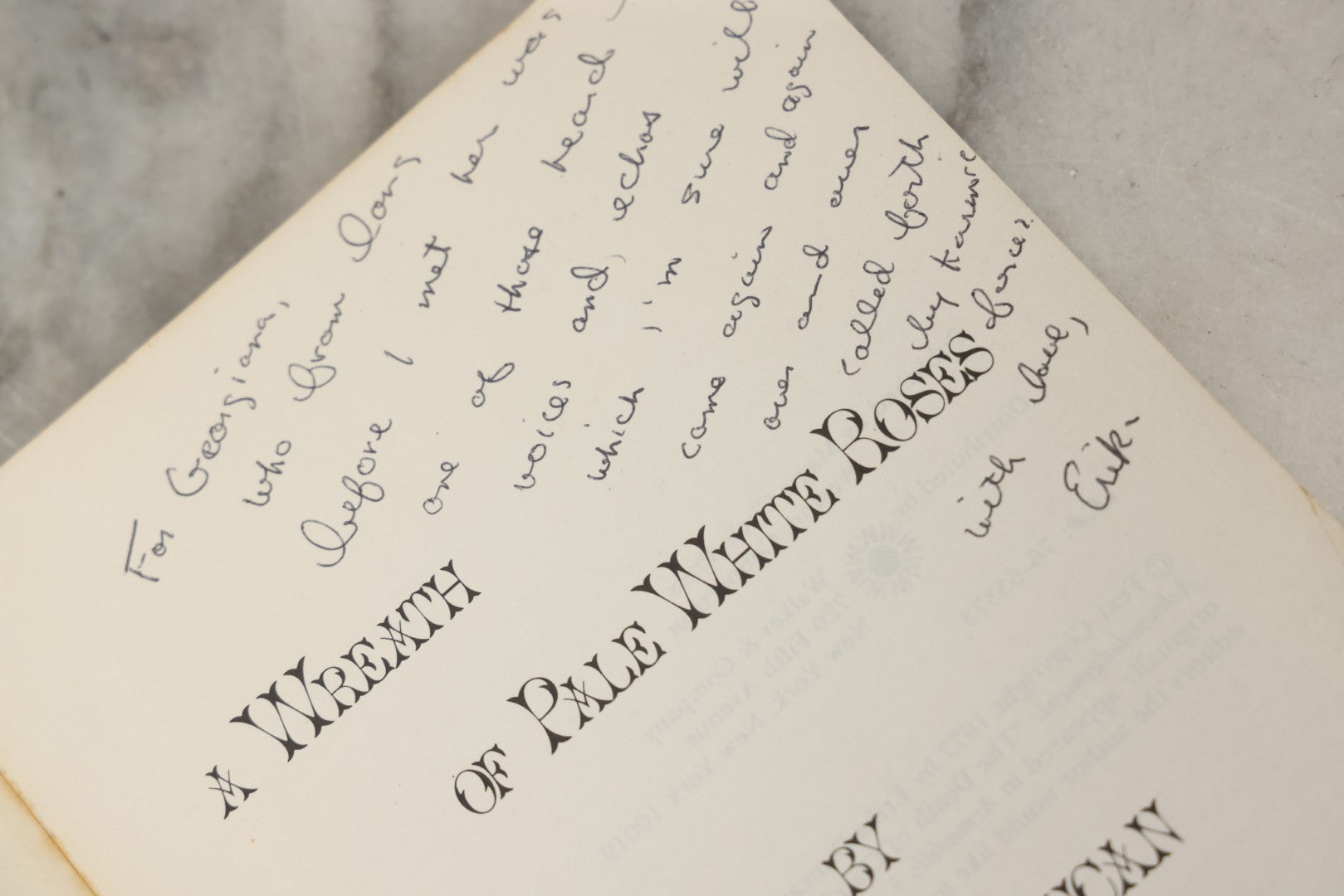 Lot 280 - "A Wreath Of Pale White Roses" Vintage Inscribed Paperback Novel By Erika Duncan, Published By Magic Circle Press, Weston, Ct, 1977, With Author's Signed Gift Inscription And Accompanying Postcard Invitation To Joint Book Release With Anaïs Nin