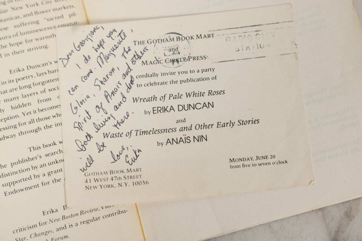 Lot 280 - "A Wreath Of Pale White Roses" Vintage Inscribed Paperback Novel By Erika Duncan, Published By Magic Circle Press, Weston, Ct, 1977, With Author's Signed Gift Inscription And Accompanying Postcard Invitation To Joint Book Release With Anaïs Nin