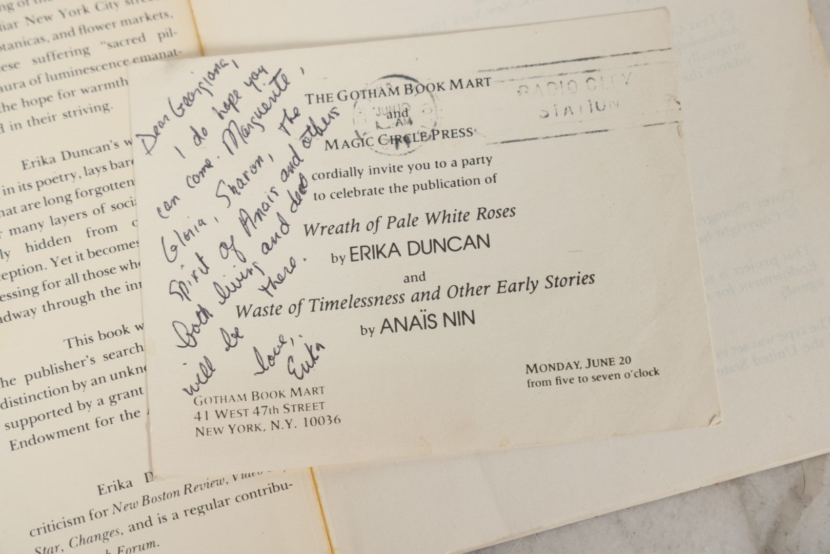 Lot 280 - "A Wreath Of Pale White Roses" Vintage Inscribed Paperback Novel By Erika Duncan, Published By Magic Circle Press, Weston, Ct, 1977, With Author's Signed Gift Inscription And Accompanying Postcard Invitation To Joint Book Release With Anaïs Nin