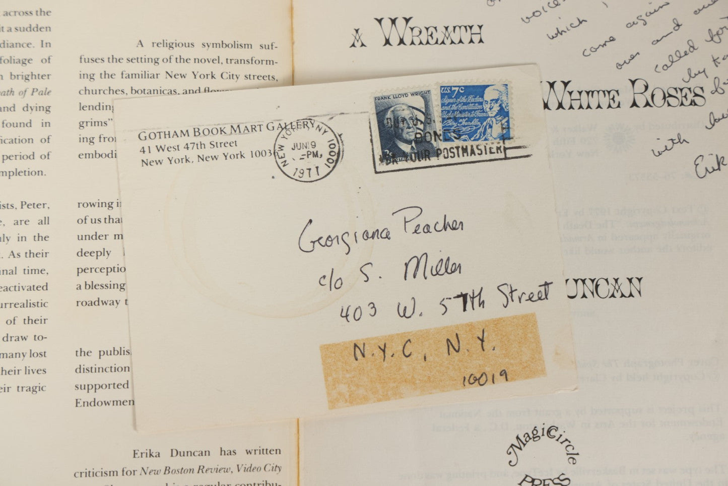 Lot 280 - "A Wreath Of Pale White Roses" Vintage Inscribed Paperback Novel By Erika Duncan, Published By Magic Circle Press, Weston, Ct, 1977, With Author's Signed Gift Inscription And Accompanying Postcard Invitation To Joint Book Release With Anaïs Nin