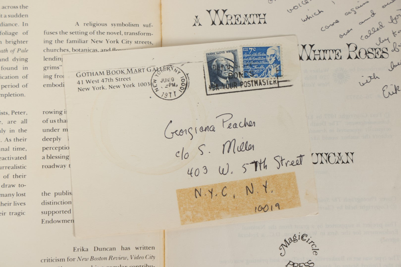 Lot 280 - "A Wreath Of Pale White Roses" Vintage Inscribed Paperback Novel By Erika Duncan, Published By Magic Circle Press, Weston, Ct, 1977, With Author's Signed Gift Inscription And Accompanying Postcard Invitation To Joint Book Release With Anaïs Nin