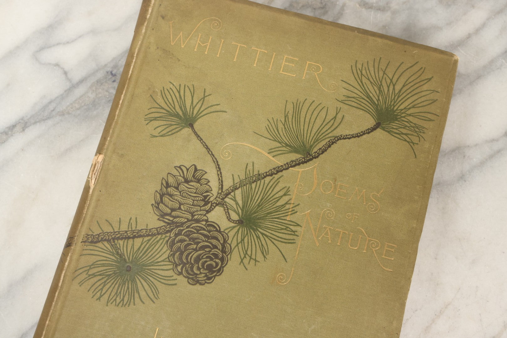 Lot 288 - "Poems Of Nature" Antique Large Format Illustrated Book By John Greenleaf Whittier, Illustrated By Elbridge Kingsley, Published By Houghton, Mifflin And Company, Boston, 1886, With Pine Cone And Pine Leaf Designs On Covers And Gilt Foredge