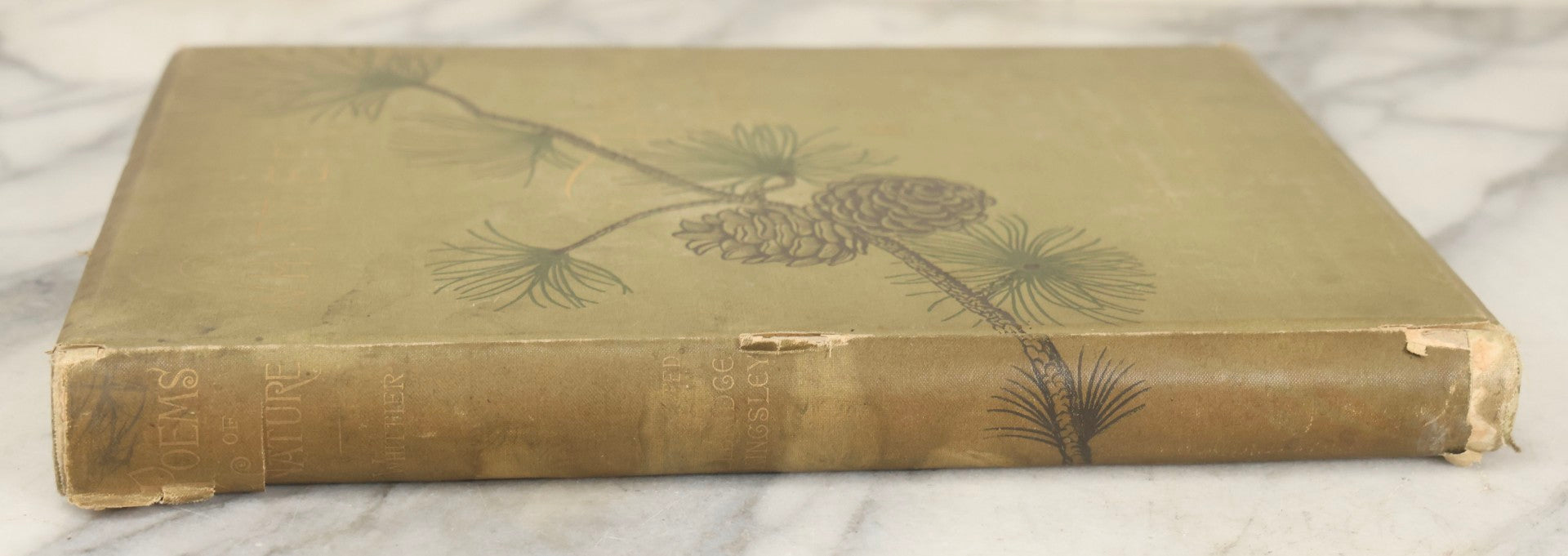 Lot 288 - "Poems Of Nature" Antique Large Format Illustrated Book By John Greenleaf Whittier, Illustrated By Elbridge Kingsley, Published By Houghton, Mifflin And Company, Boston, 1886, With Pine Cone And Pine Leaf Designs On Covers And Gilt Foredge