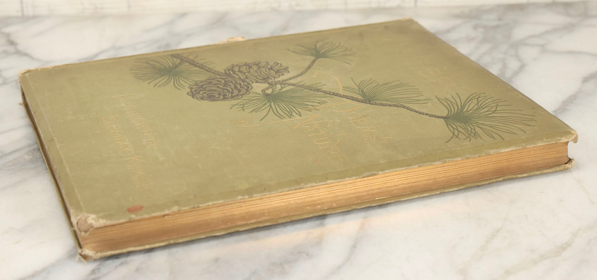 Lot 288 - "Poems Of Nature" Antique Large Format Illustrated Book By John Greenleaf Whittier, Illustrated By Elbridge Kingsley, Published By Houghton, Mifflin And Company, Boston, 1886, With Pine Cone And Pine Leaf Designs On Covers And Gilt Foredge