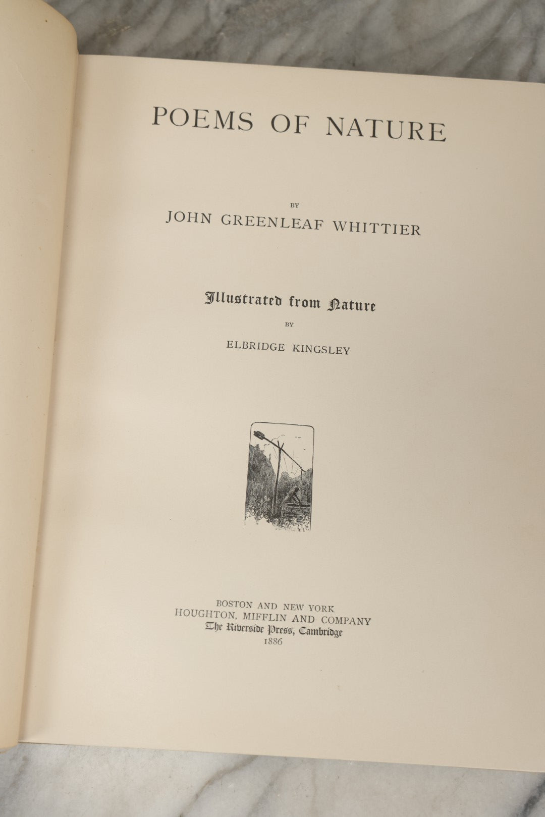 Lot 288 - "Poems Of Nature" Antique Large Format Illustrated Book By John Greenleaf Whittier, Illustrated By Elbridge Kingsley, Published By Houghton, Mifflin And Company, Boston, 1886, With Pine Cone And Pine Leaf Designs On Covers And Gilt Foredge