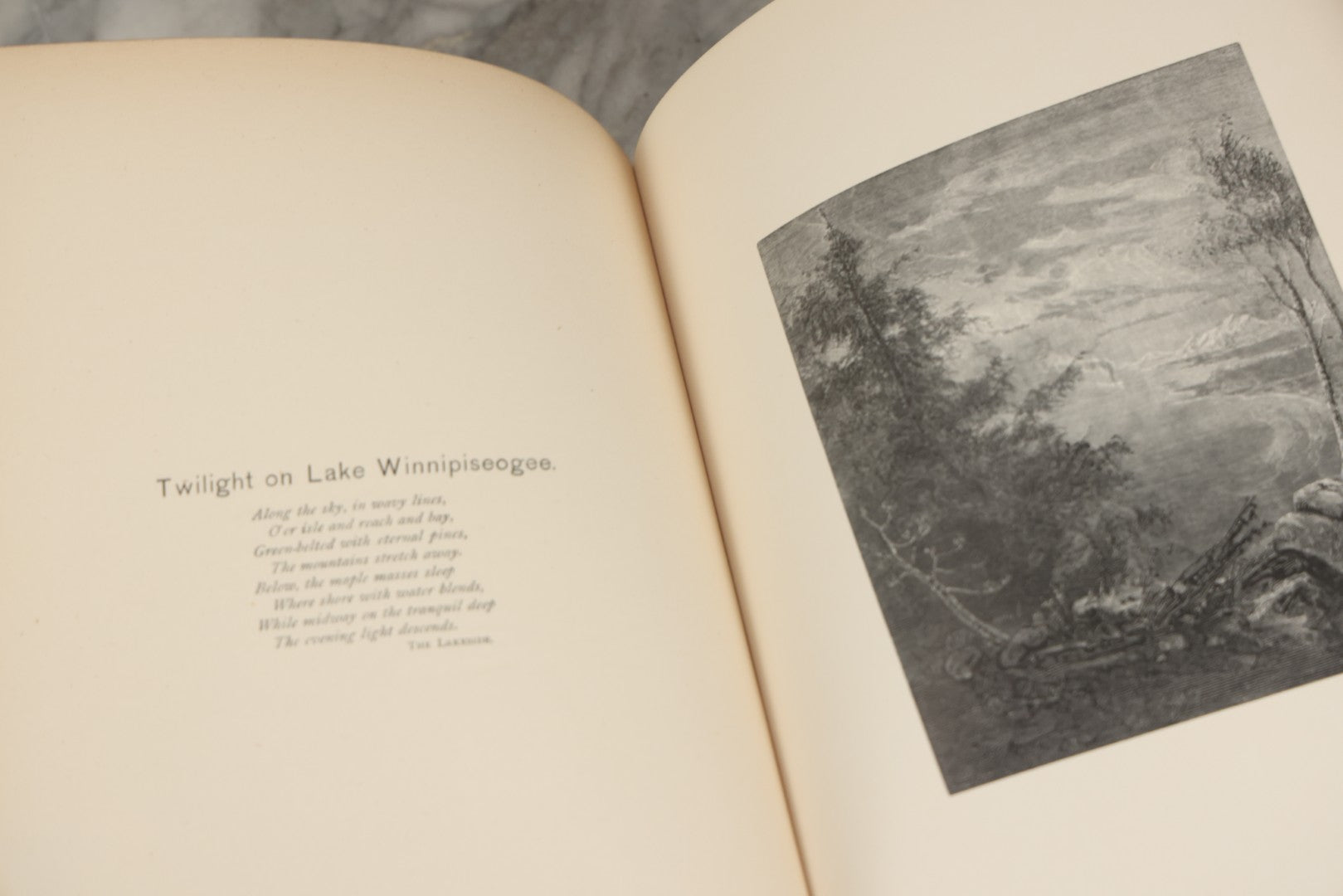 Lot 288 - "Poems Of Nature" Antique Large Format Illustrated Book By John Greenleaf Whittier, Illustrated By Elbridge Kingsley, Published By Houghton, Mifflin And Company, Boston, 1886, With Pine Cone And Pine Leaf Designs On Covers And Gilt Foredge