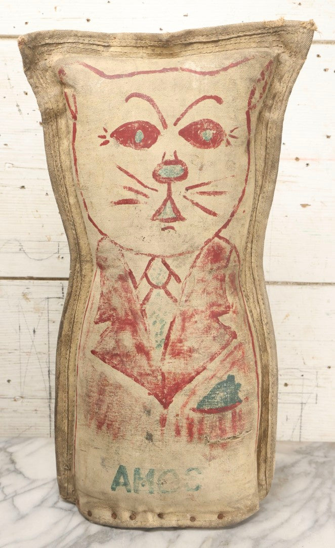 Lot 002 - Antique Oversized 20" Height Hand Painted Canvas Carnival Knock-Down Cat In Suit With Horsehair Stuffing, Signed "Amos," Note Tears