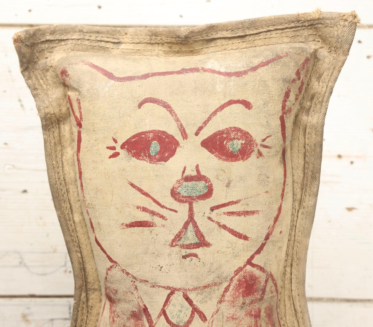 Lot 002 - Antique Oversized 20" Height Hand Painted Canvas Carnival Knock-Down Cat In Suit With Horsehair Stuffing, Signed "Amos," Note Tears