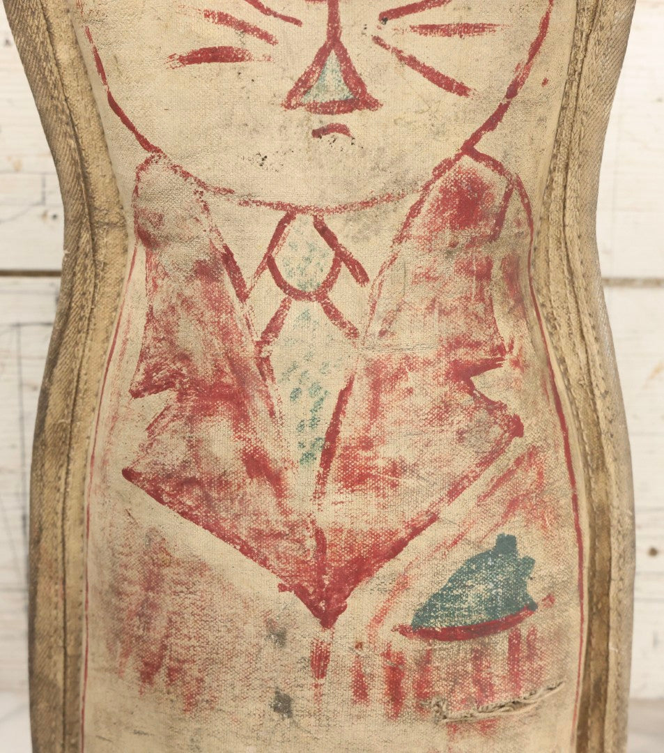 Lot 002 - Antique Oversized 20" Height Hand Painted Canvas Carnival Knock-Down Cat In Suit With Horsehair Stuffing, Signed "Amos," Note Tears