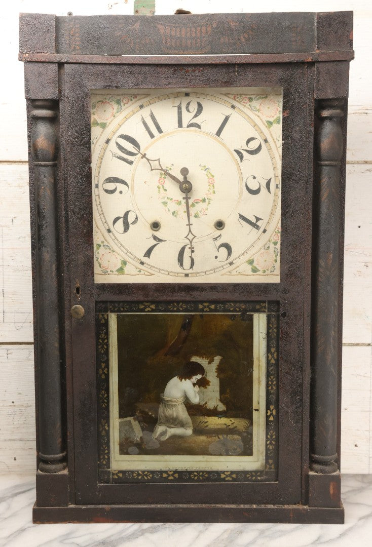 Lot 004 - Antique Column And Splat Shelf Clock By Riley Whiting, Winchester, Connecticut, With 30-Hour Wooden Works And Reverse Painted Door With “The Orphan's Prayer” Scene, Child Praying At Monument, Includes Weights, Pendulum, And Key