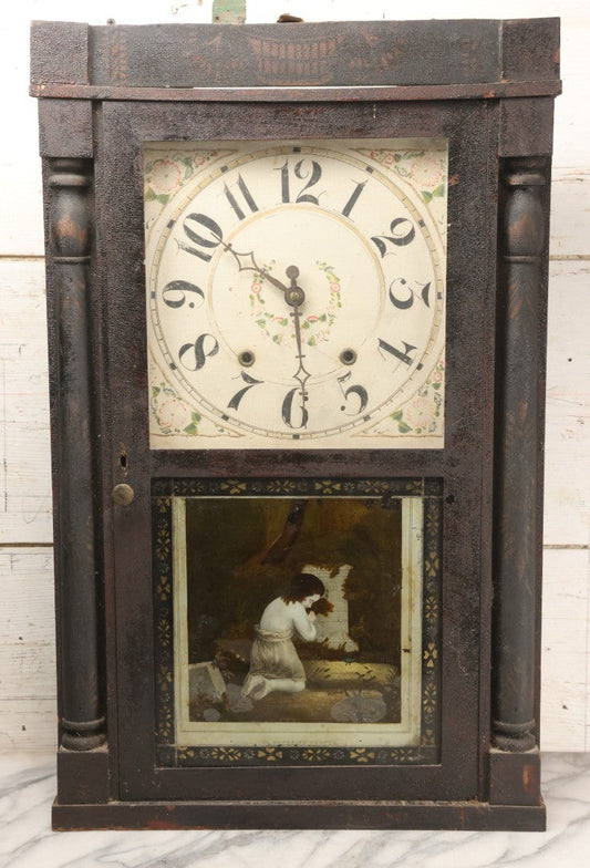 Lot 004 - Antique Column And Splat Shelf Clock By Riley Whiting, Winchester, Connecticut, With 30-Hour Wooden Works And Reverse Painted Door With “The Orphan's Prayer” Scene, Child Praying At Monument, Includes Weights, Pendulum, And Key