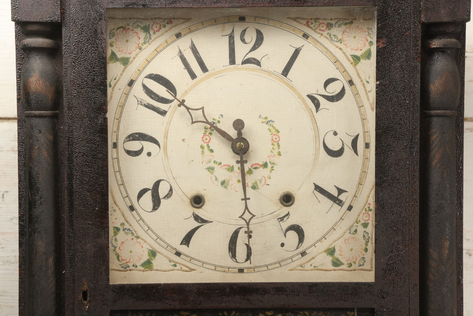 Lot 004 - Antique Column And Splat Shelf Clock By Riley Whiting, Winchester, Connecticut, With 30-Hour Wooden Works And Reverse Painted Door With “The Orphan's Prayer” Scene, Child Praying At Monument, Includes Weights, Pendulum, And Key