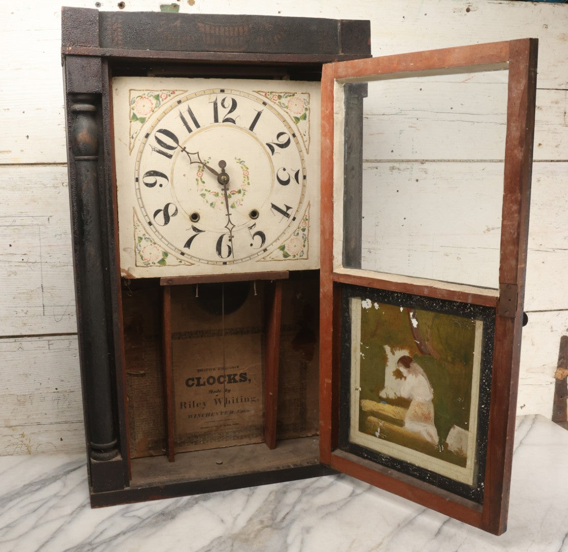 Lot 004 - Antique Column And Splat Shelf Clock By Riley Whiting, Winchester, Connecticut, With 30-Hour Wooden Works And Reverse Painted Door With “The Orphan's Prayer” Scene, Child Praying At Monument, Includes Weights, Pendulum, And Key