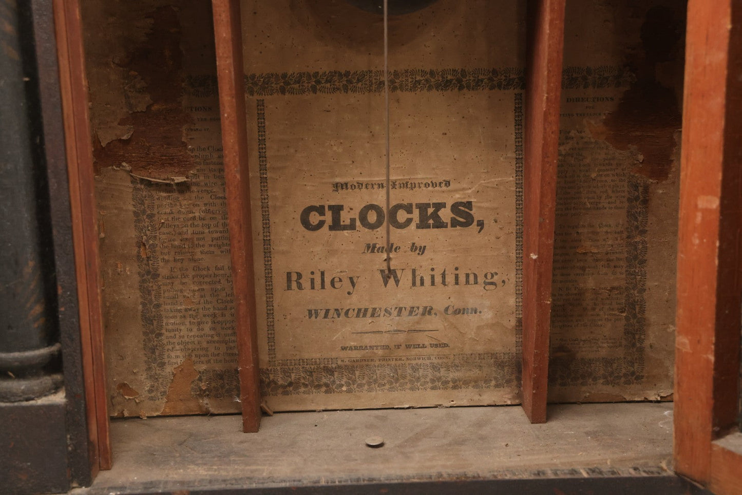 Lot 004 - Antique Column And Splat Shelf Clock By Riley Whiting, Winchester, Connecticut, With 30-Hour Wooden Works And Reverse Painted Door With “The Orphan's Prayer” Scene, Child Praying At Monument, Includes Weights, Pendulum, And Key