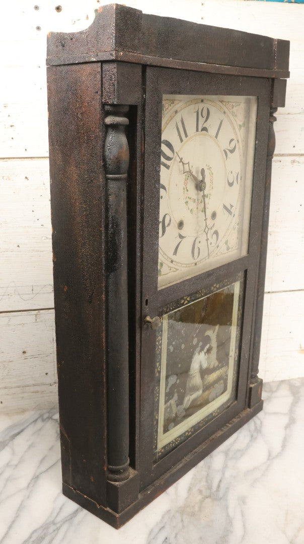 Lot 004 - Antique Column And Splat Shelf Clock By Riley Whiting, Winchester, Connecticut, With 30-Hour Wooden Works And Reverse Painted Door With “The Orphan's Prayer” Scene, Child Praying At Monument, Includes Weights, Pendulum, And Key