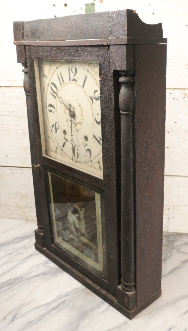 Lot 004 - Antique Column And Splat Shelf Clock By Riley Whiting, Winchester, Connecticut, With 30-Hour Wooden Works And Reverse Painted Door With “The Orphan's Prayer” Scene, Child Praying At Monument, Includes Weights, Pendulum, And Key