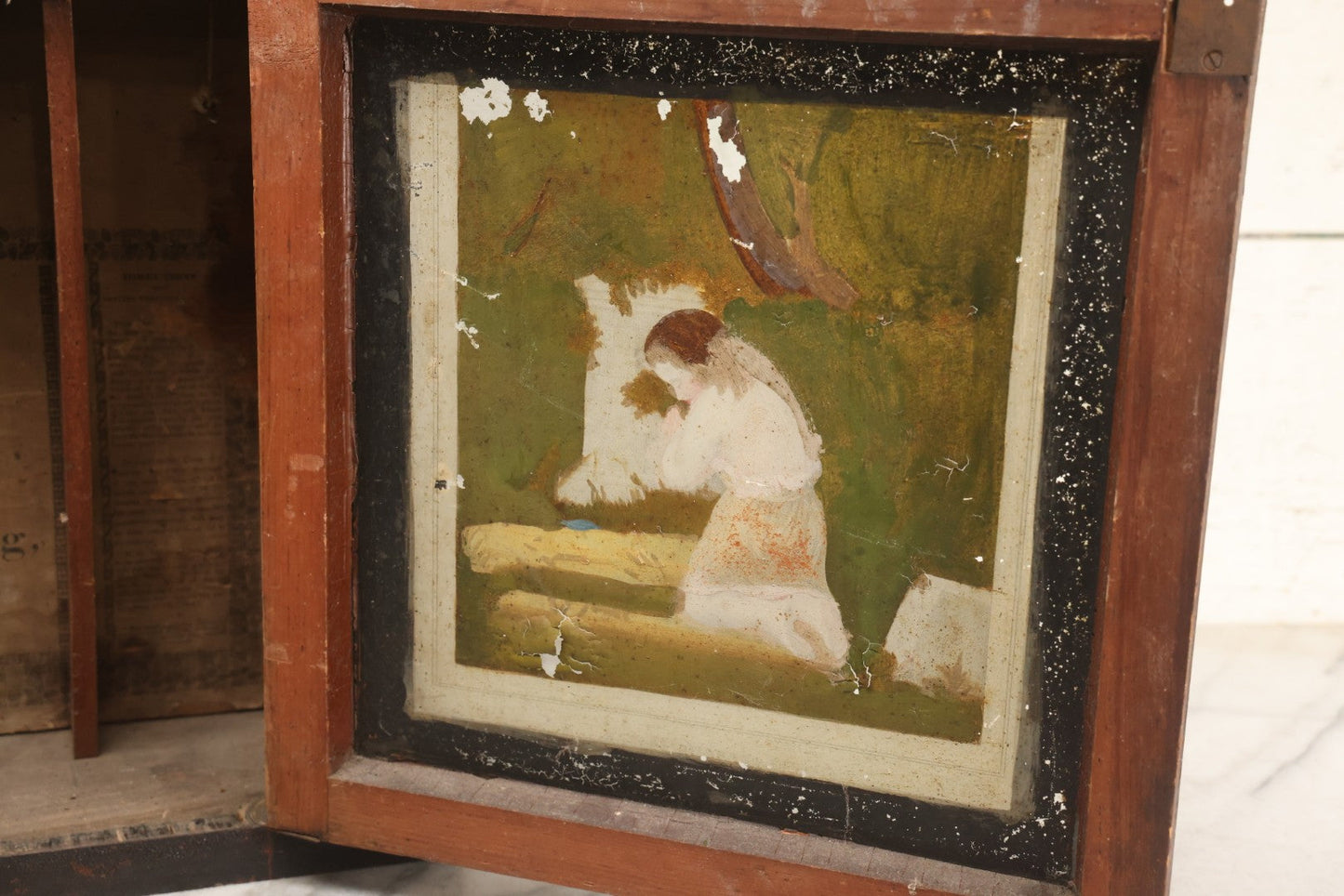 Lot 004 - Antique Column And Splat Shelf Clock By Riley Whiting, Winchester, Connecticut, With 30-Hour Wooden Works And Reverse Painted Door With “The Orphan's Prayer” Scene, Child Praying At Monument, Includes Weights, Pendulum, And Key