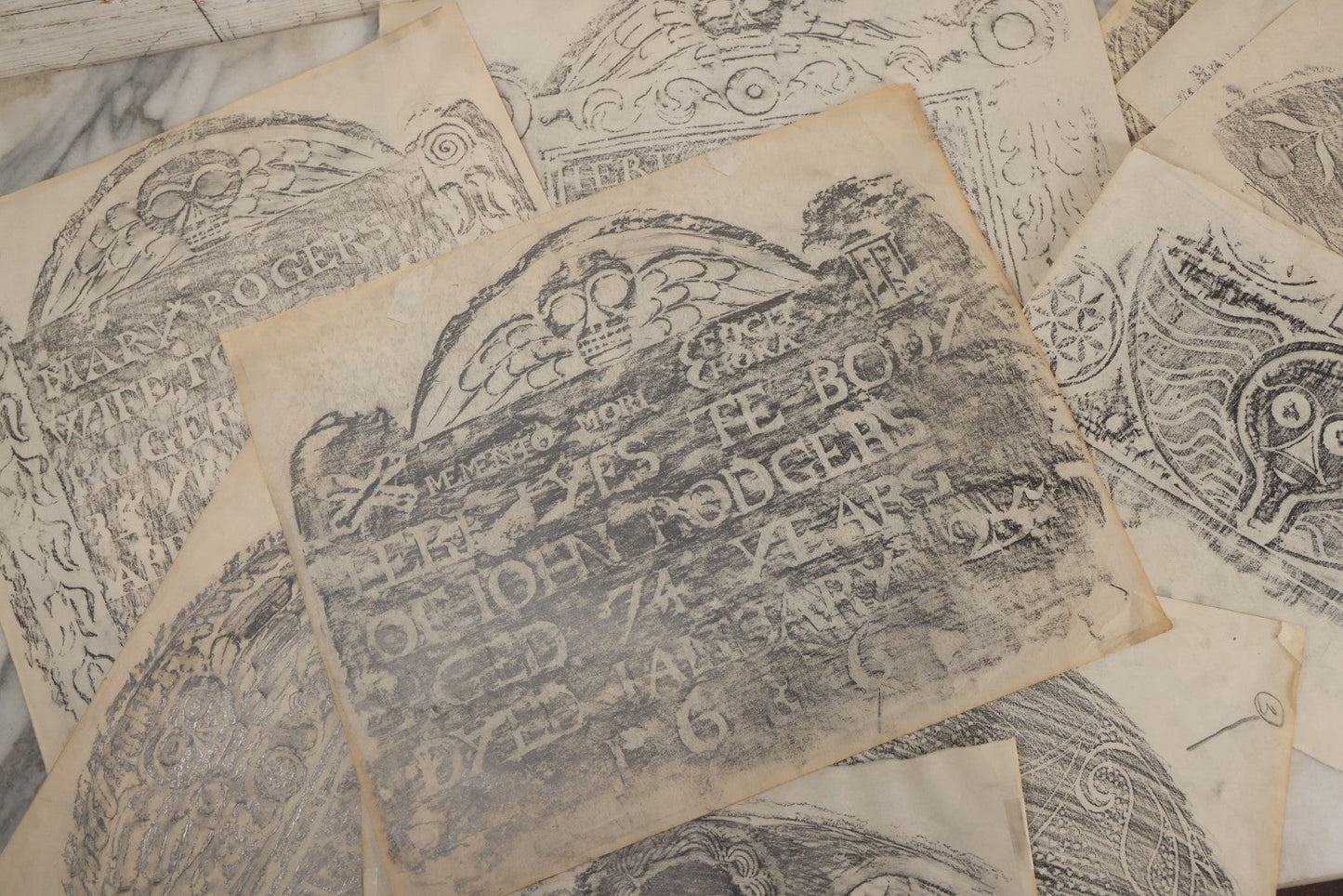 Lot 006 - Grouping Of 15 Vintage New England Gravestone Rubbings By Houston E. Bird, Depicting 17th–18th Century Monuments, Rubbings Taken Mid–Late 20th Century