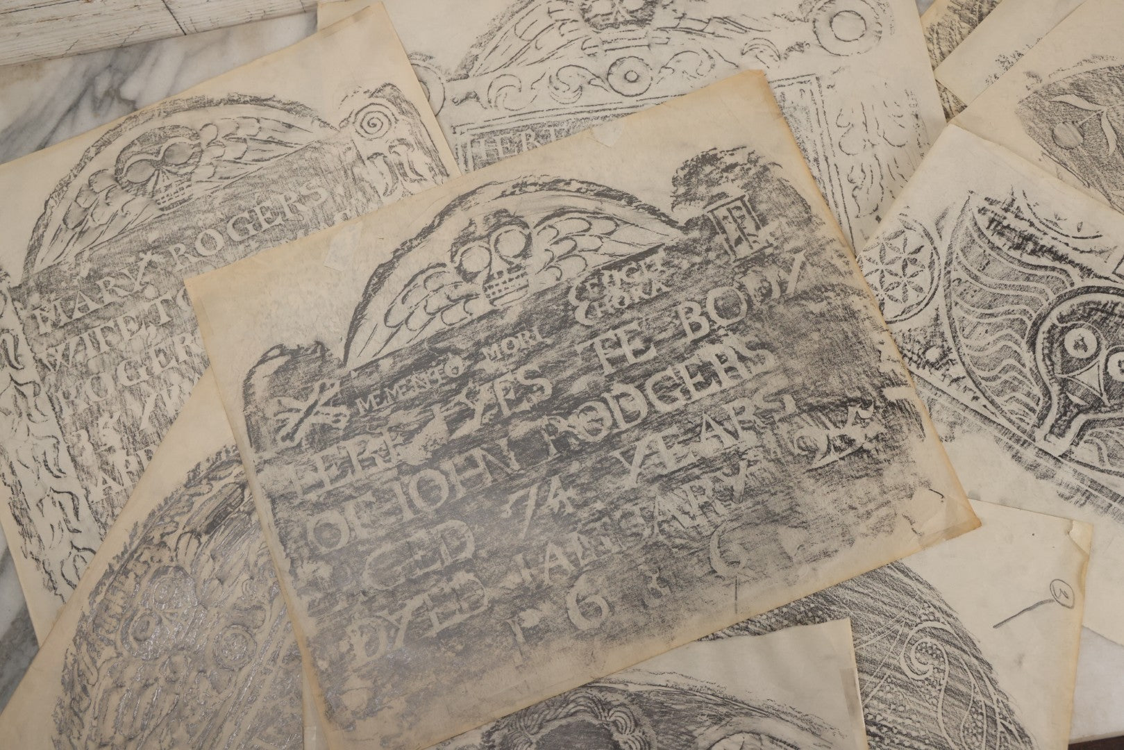 Lot 006 - Grouping Of 15 Vintage New England Gravestone Rubbings By Houston E. Bird, Depicting 17th–18th Century Monuments, Rubbings Taken Mid–Late 20th Century