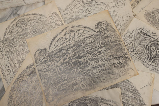 Lot 006 - Grouping Of 15 Vintage New England Gravestone Rubbings By Houston E. Bird, Depicting 17th–18th Century Monuments, Rubbings Taken Mid–Late 20th Century