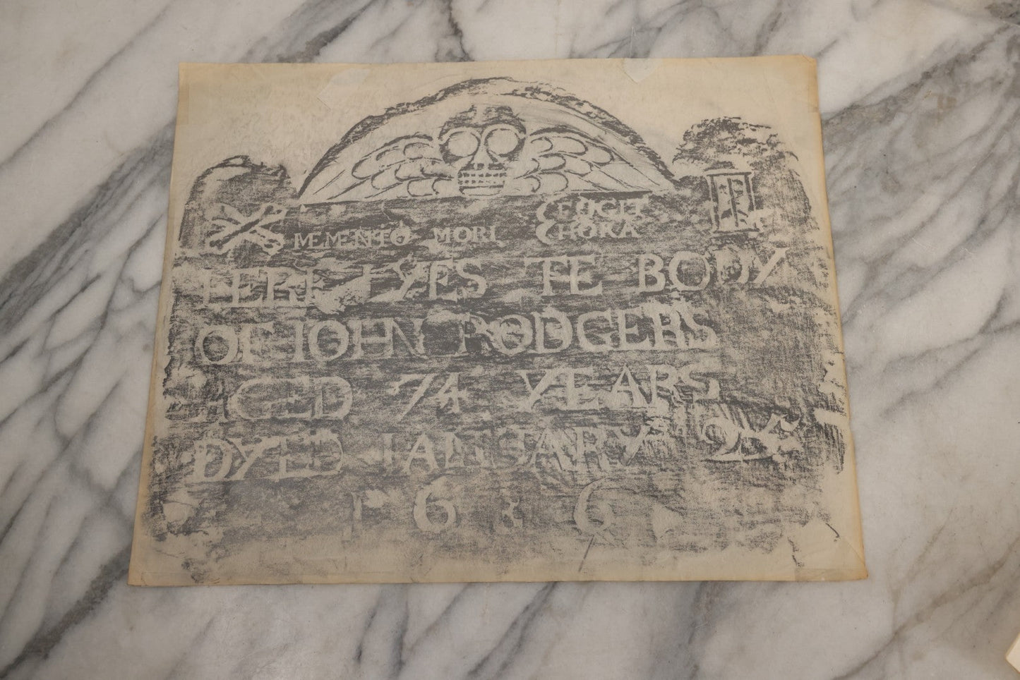 Lot 006 - Grouping Of 15 Vintage New England Gravestone Rubbings By Houston E. Bird, Depicting 17th–18th Century Monuments, Rubbings Taken Mid–Late 20th Century