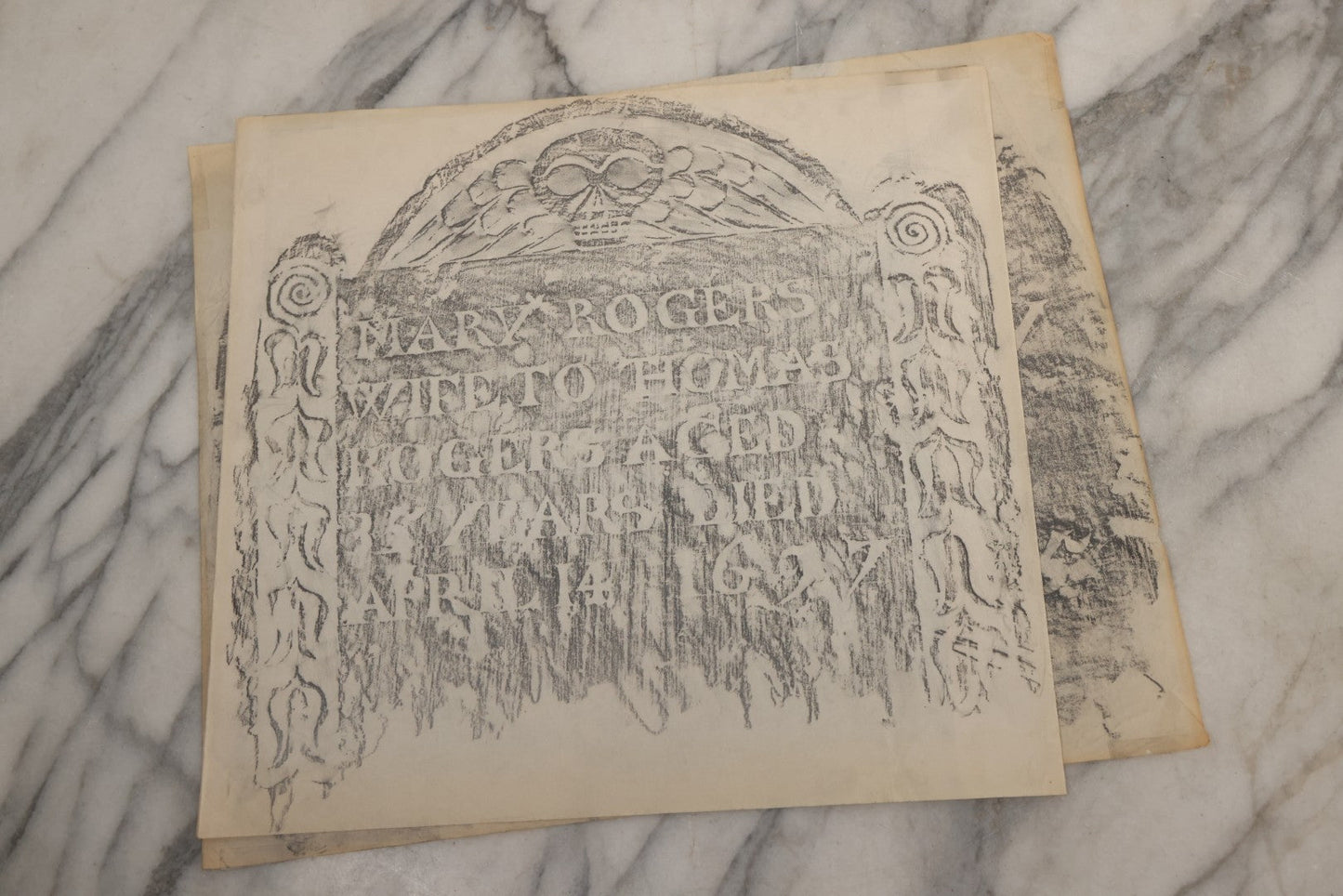 Lot 006 - Grouping Of 15 Vintage New England Gravestone Rubbings By Houston E. Bird, Depicting 17th–18th Century Monuments, Rubbings Taken Mid–Late 20th Century