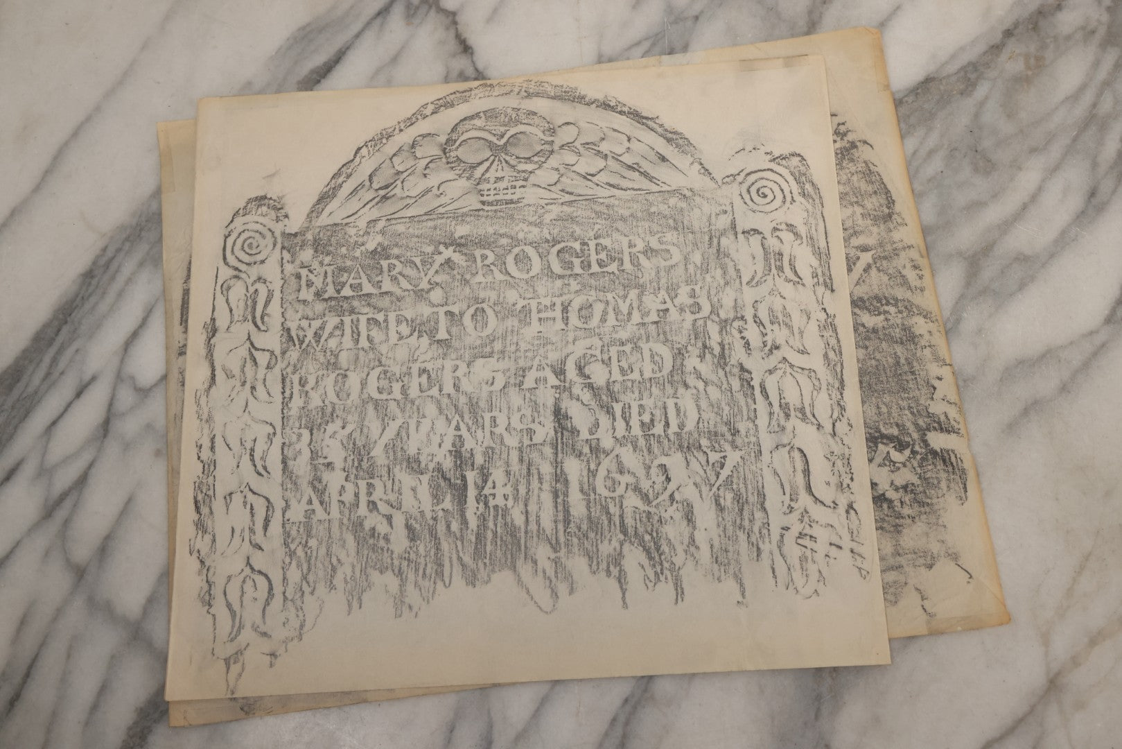 Lot 006 - Grouping Of 15 Vintage New England Gravestone Rubbings By Houston E. Bird, Depicting 17th–18th Century Monuments, Rubbings Taken Mid–Late 20th Century