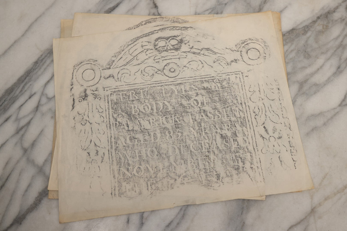 Lot 006 - Grouping Of 15 Vintage New England Gravestone Rubbings By Houston E. Bird, Depicting 17th–18th Century Monuments, Rubbings Taken Mid–Late 20th Century