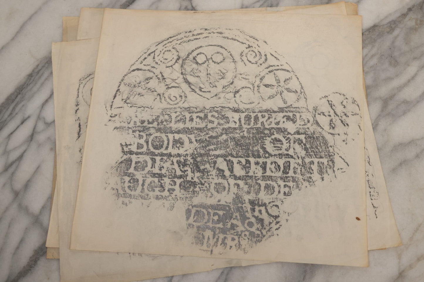 Lot 006 - Grouping Of 15 Vintage New England Gravestone Rubbings By Houston E. Bird, Depicting 17th–18th Century Monuments, Rubbings Taken Mid–Late 20th Century