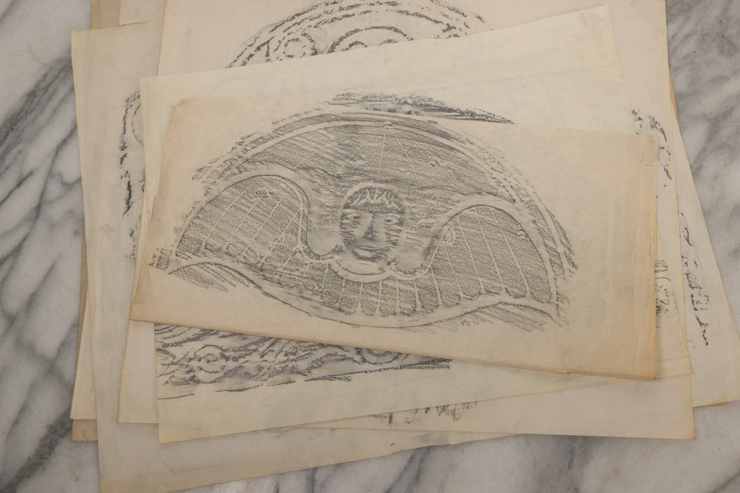 Lot 006 - Grouping Of 15 Vintage New England Gravestone Rubbings By Houston E. Bird, Depicting 17th–18th Century Monuments, Rubbings Taken Mid–Late 20th Century