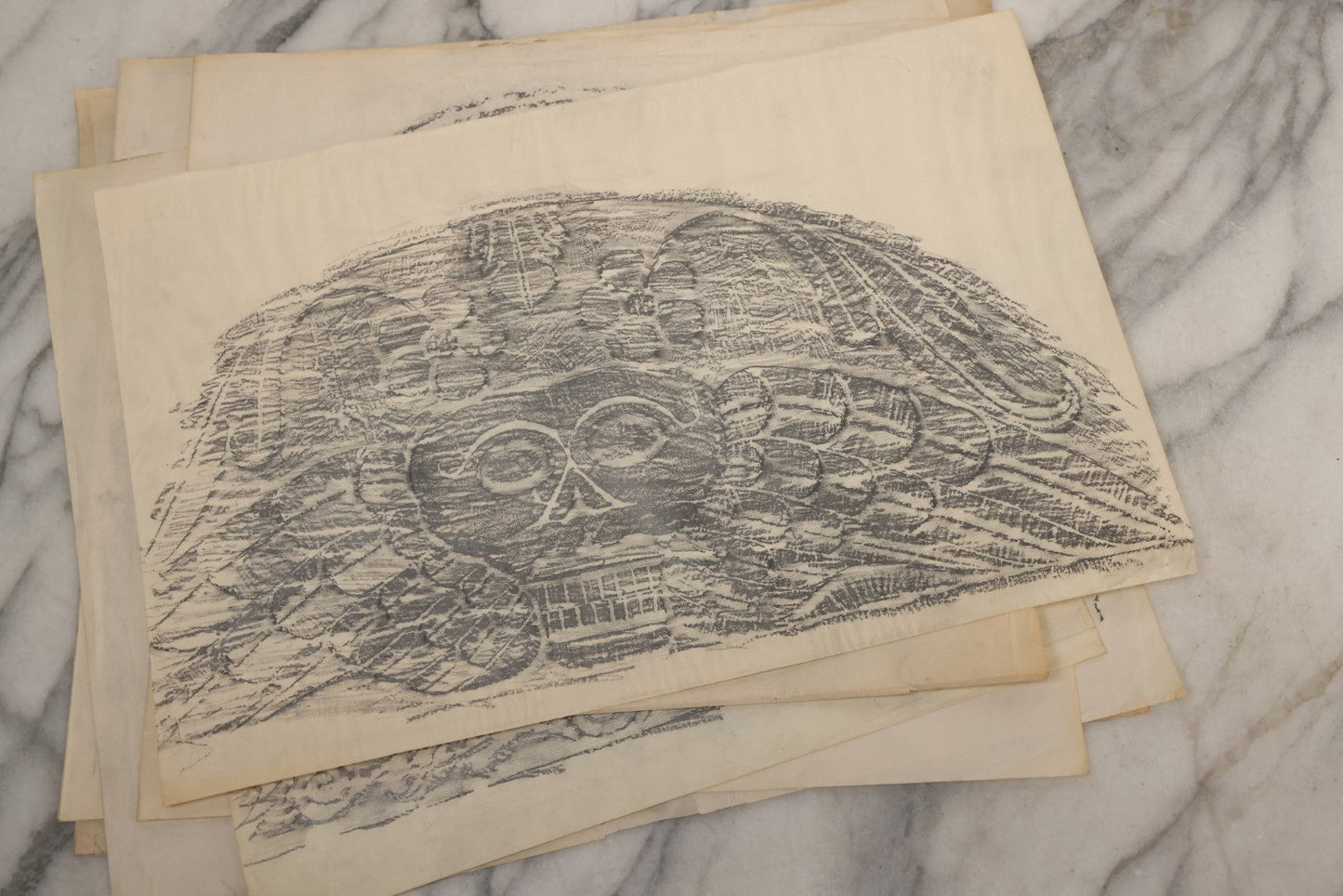 Lot 006 - Grouping Of 15 Vintage New England Gravestone Rubbings By Houston E. Bird, Depicting 17th–18th Century Monuments, Rubbings Taken Mid–Late 20th Century