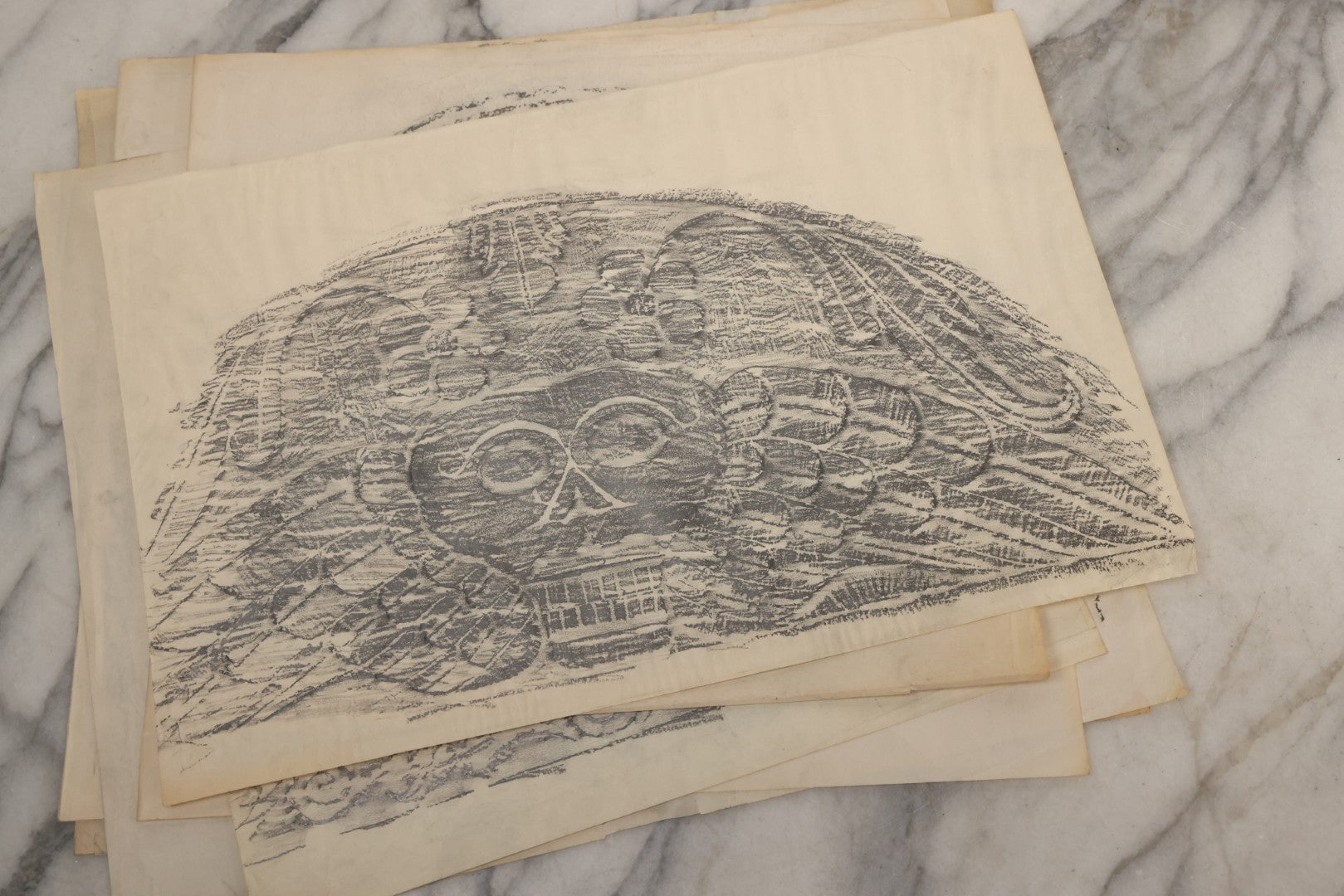 Lot 006 - Grouping Of 15 Vintage New England Gravestone Rubbings By Houston E. Bird, Depicting 17th–18th Century Monuments, Rubbings Taken Mid–Late 20th Century