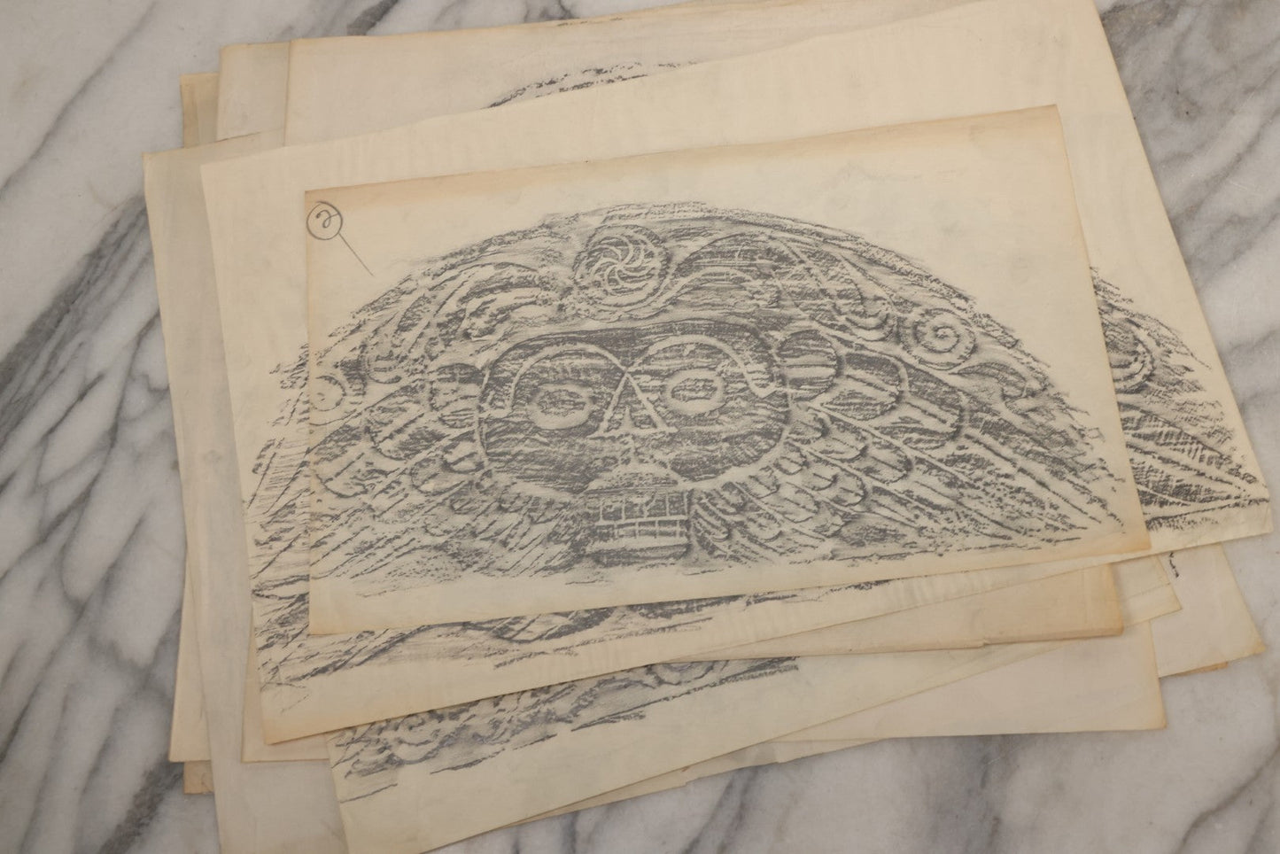 Lot 006 - Grouping Of 15 Vintage New England Gravestone Rubbings By Houston E. Bird, Depicting 17th–18th Century Monuments, Rubbings Taken Mid–Late 20th Century