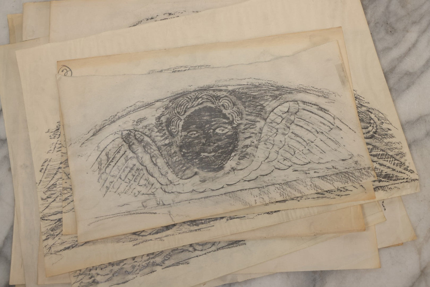 Lot 006 - Grouping Of 15 Vintage New England Gravestone Rubbings By Houston E. Bird, Depicting 17th–18th Century Monuments, Rubbings Taken Mid–Late 20th Century