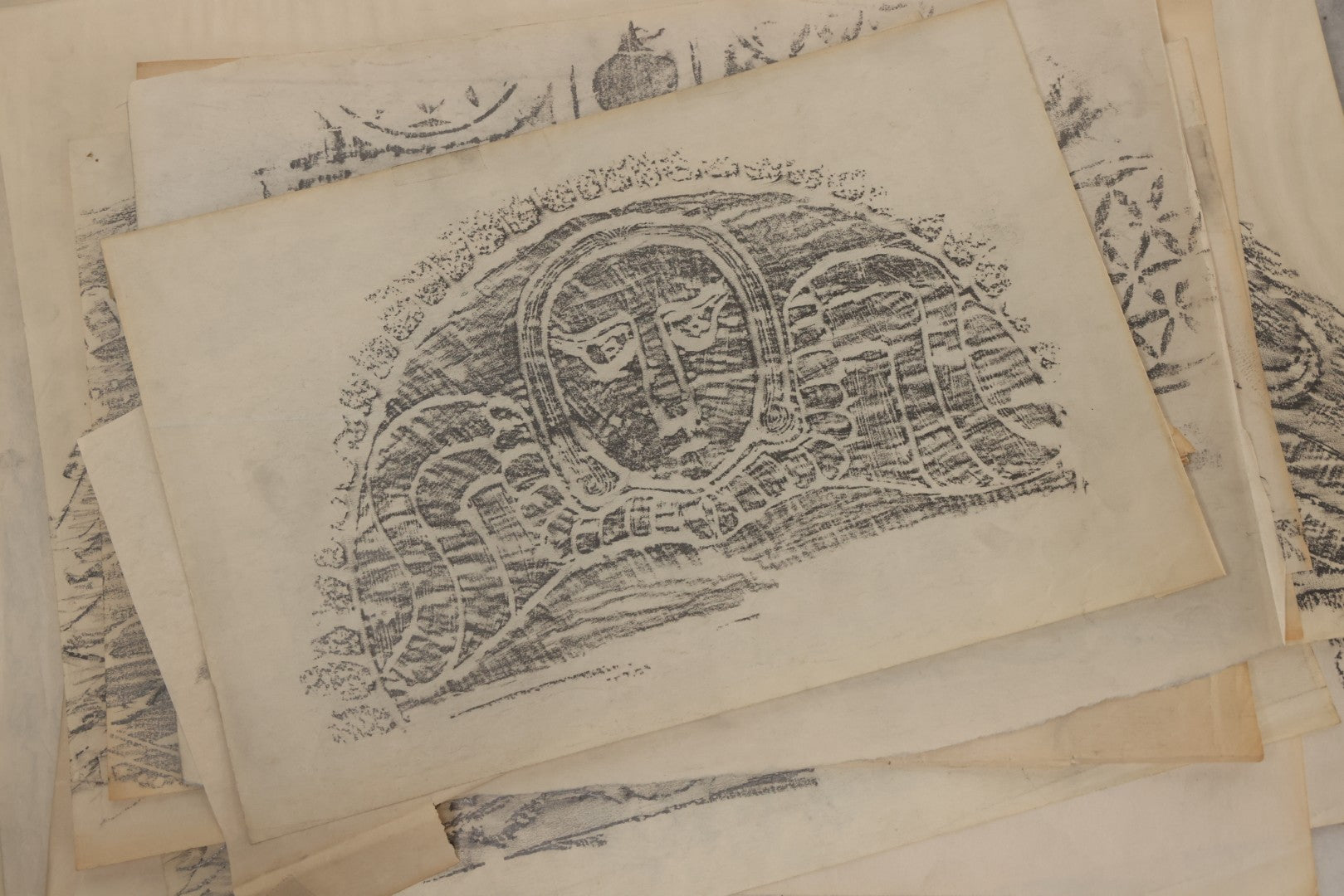 Lot 006 - Grouping Of 15 Vintage New England Gravestone Rubbings By Houston E. Bird, Depicting 17th–18th Century Monuments, Rubbings Taken Mid–Late 20th Century