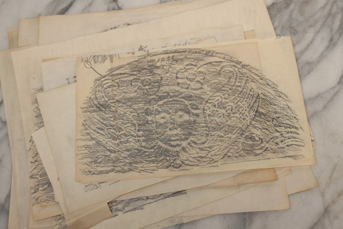 Lot 006 - Grouping Of 15 Vintage New England Gravestone Rubbings By Houston E. Bird, Depicting 17th–18th Century Monuments, Rubbings Taken Mid–Late 20th Century