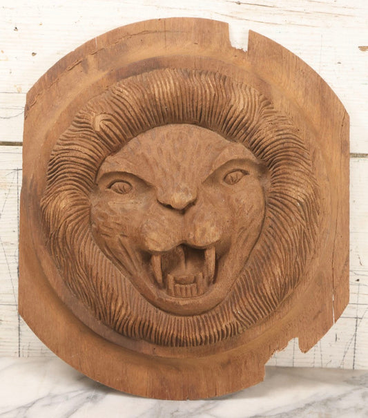 Lot 009 - Antique Carved Wooden Lion Relief Plaque Furntiure Remnant With Circular Border And Prominent Fangs