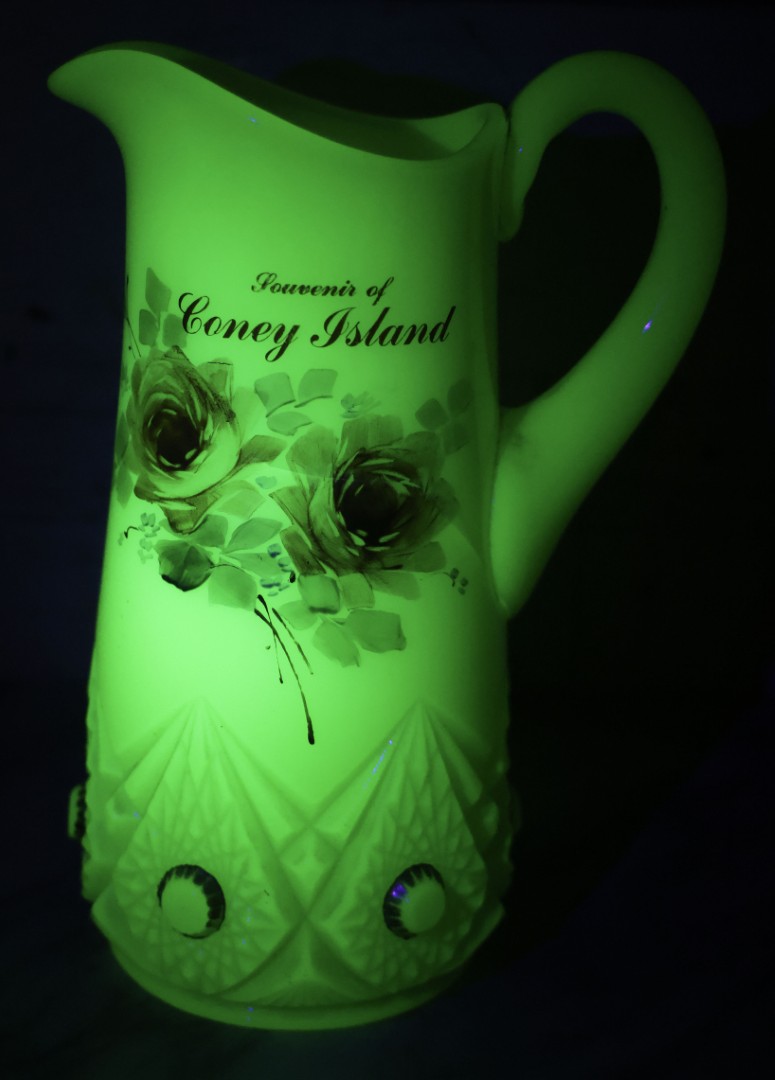 Lot 010 - Antique Uranium Glass Pattern Glass Pitcher With Painted Roses And Gold Accents, "Souvenir Of Coney Island," New York City, Circa Early 20th Century, Note Large Crack, 8-3/8" H