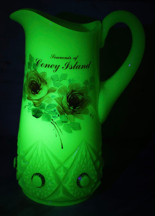Lot 010 - Antique Uranium Glass Pattern Glass Pitcher With Painted Roses And Gold Accents, "Souvenir Of Coney Island," New York City, Circa Early 20th Century, Note Large Crack, 8-3/8" H