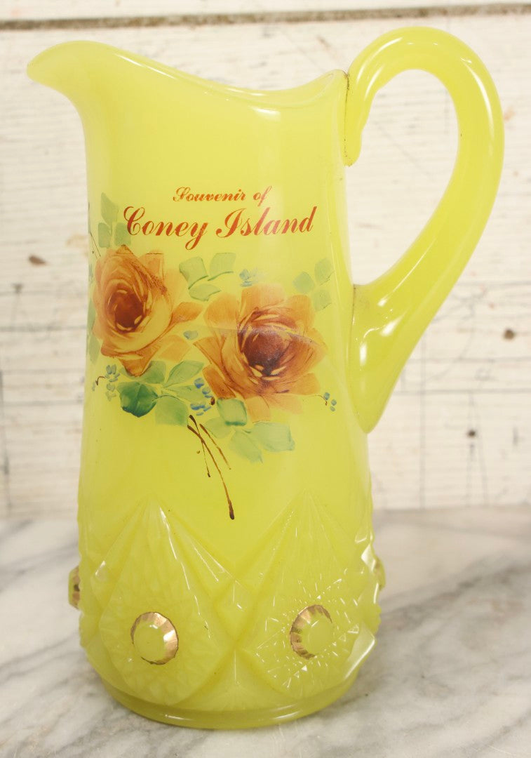 Lot 010 - Antique Uranium Glass Pattern Glass Pitcher With Painted Roses And Gold Accents, "Souvenir Of Coney Island," New York City, Circa Early 20th Century, Note Large Crack, 8-3/8" H