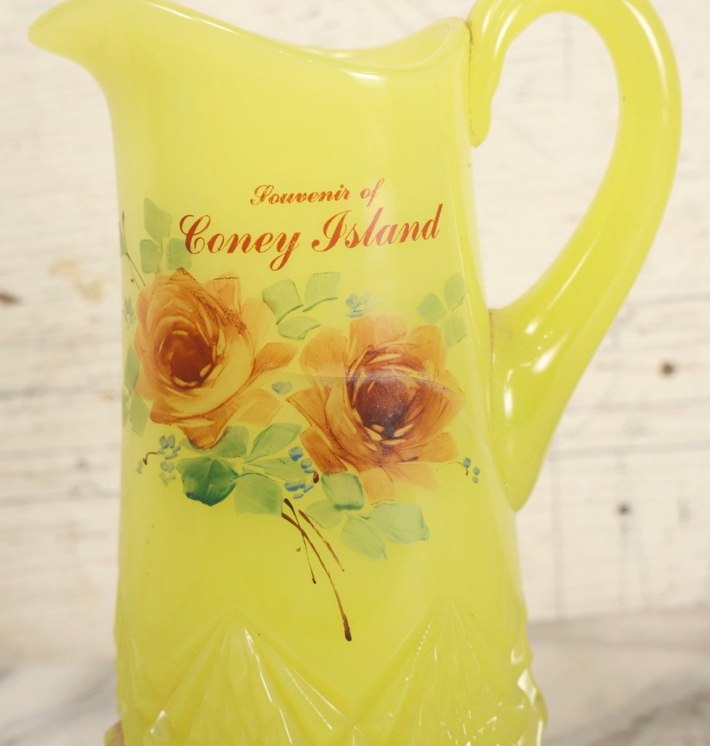 Lot 010 - Antique Uranium Glass Pattern Glass Pitcher With Painted Roses And Gold Accents, "Souvenir Of Coney Island," New York City, Circa Early 20th Century, Note Large Crack, 8-3/8" H
