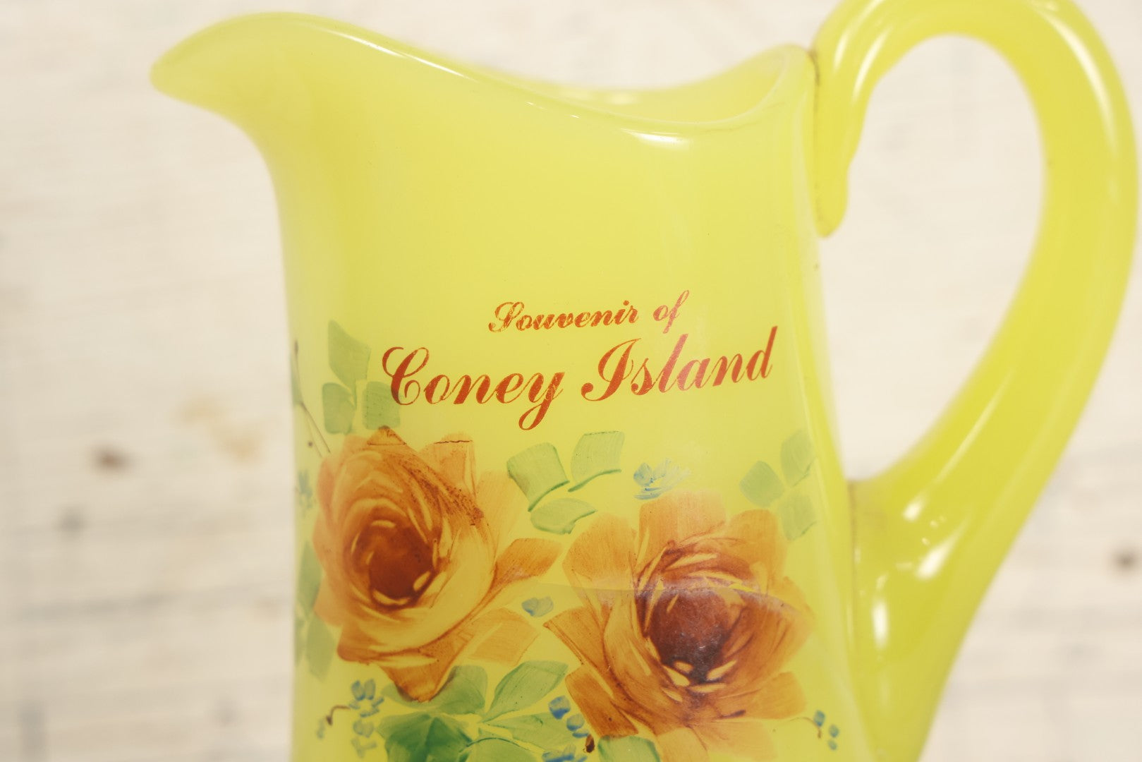 Lot 010 - Antique Uranium Glass Pattern Glass Pitcher With Painted Roses And Gold Accents, "Souvenir Of Coney Island," New York City, Circa Early 20th Century, Note Large Crack, 8-3/8" H