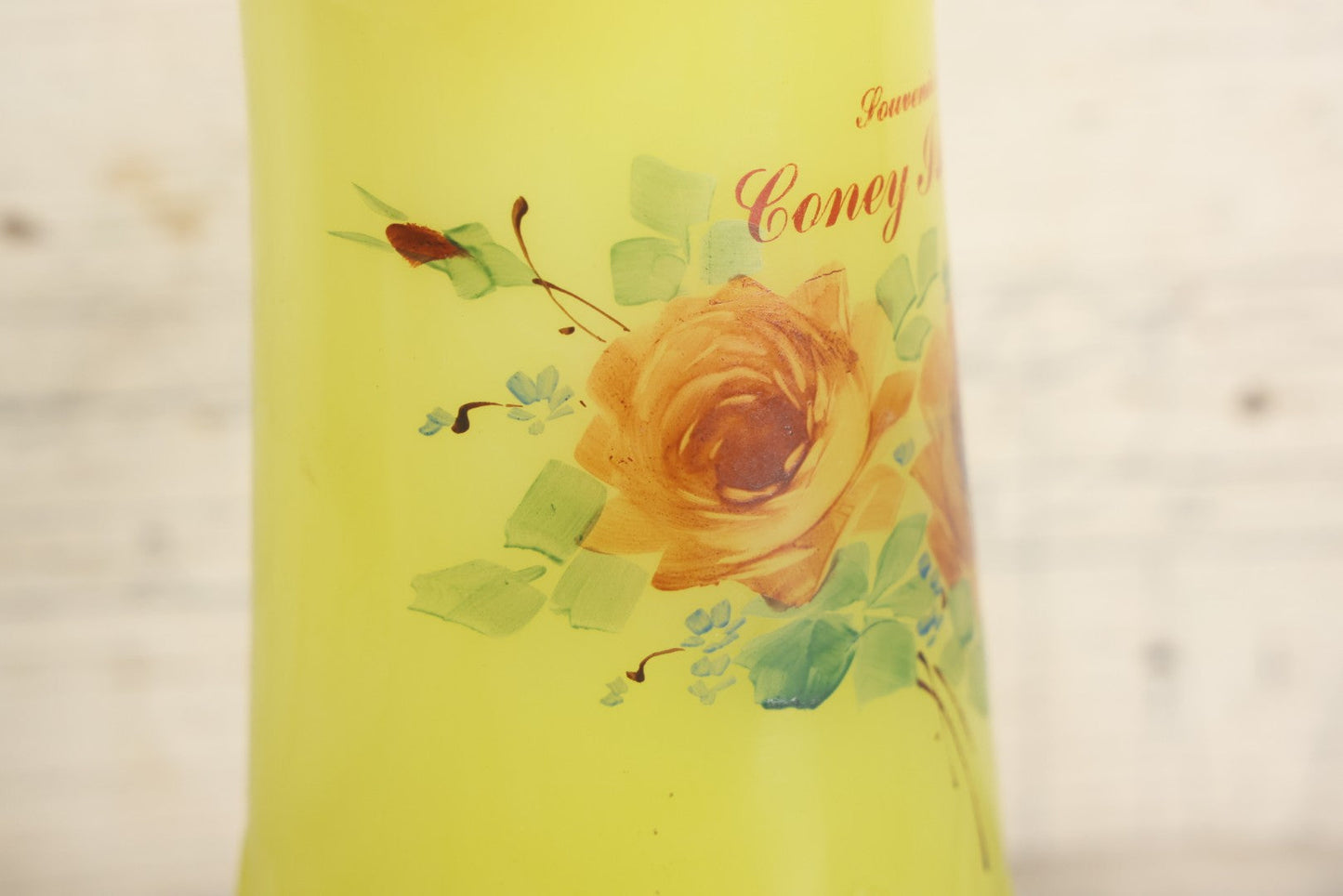 Lot 010 - Antique Uranium Glass Pattern Glass Pitcher With Painted Roses And Gold Accents, "Souvenir Of Coney Island," New York City, Circa Early 20th Century, Note Large Crack, 8-3/8" H