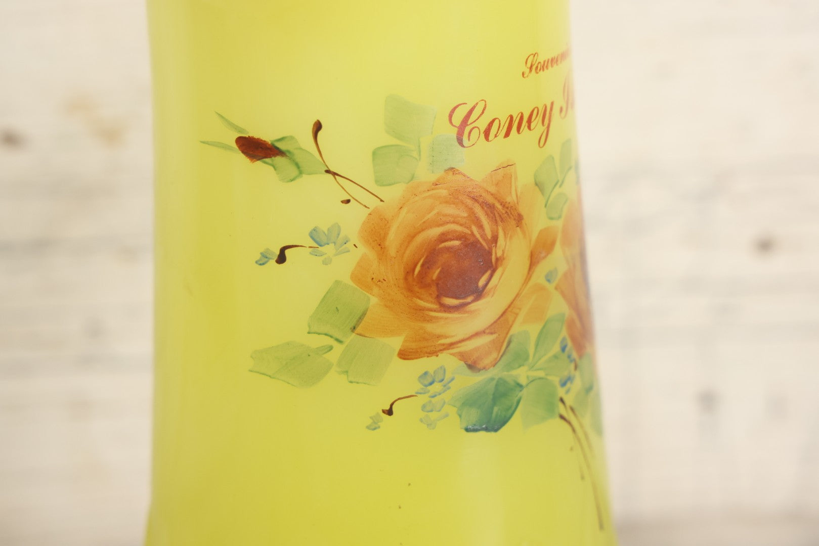 Lot 010 - Antique Uranium Glass Pattern Glass Pitcher With Painted Roses And Gold Accents, "Souvenir Of Coney Island," New York City, Circa Early 20th Century, Note Large Crack, 8-3/8" H