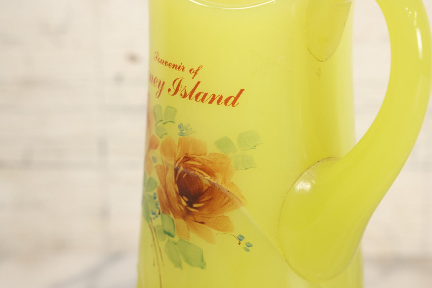 Lot 010 - Antique Uranium Glass Pattern Glass Pitcher With Painted Roses And Gold Accents, "Souvenir Of Coney Island," New York City, Circa Early 20th Century, Note Large Crack, 8-3/8" H