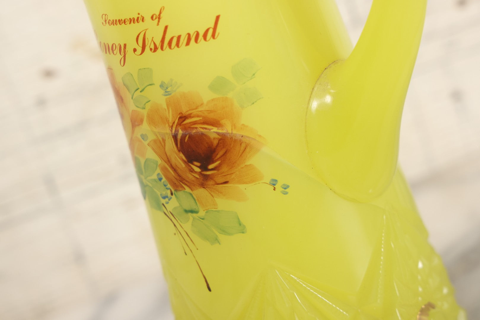 Lot 010 - Antique Uranium Glass Pattern Glass Pitcher With Painted Roses And Gold Accents, "Souvenir Of Coney Island," New York City, Circa Early 20th Century, Note Large Crack, 8-3/8" H