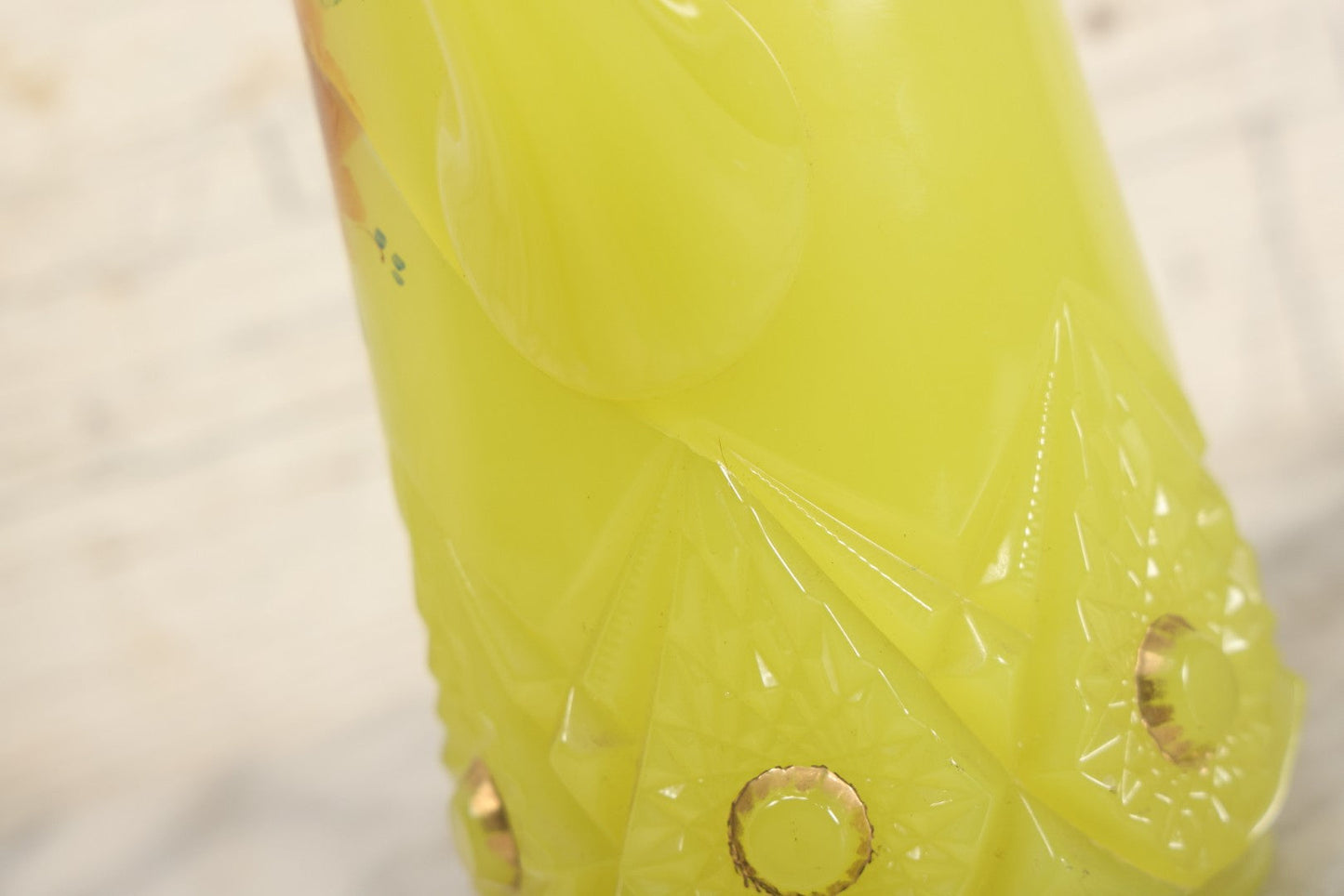 Lot 010 - Antique Uranium Glass Pattern Glass Pitcher With Painted Roses And Gold Accents, "Souvenir Of Coney Island," New York City, Circa Early 20th Century, Note Large Crack, 8-3/8" H