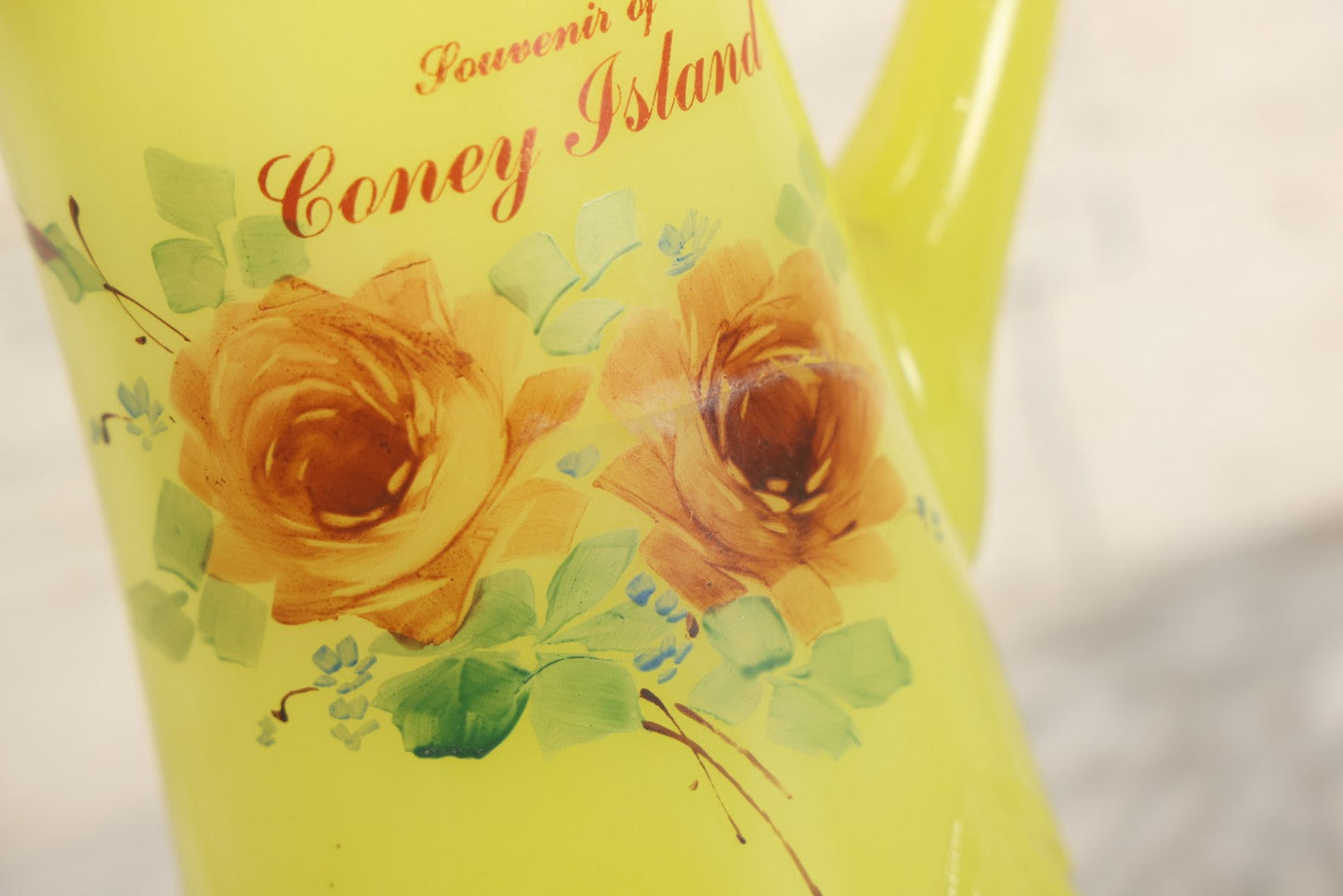 Lot 010 - Antique Uranium Glass Pattern Glass Pitcher With Painted Roses And Gold Accents, "Souvenir Of Coney Island," New York City, Circa Early 20th Century, Note Large Crack, 8-3/8" H