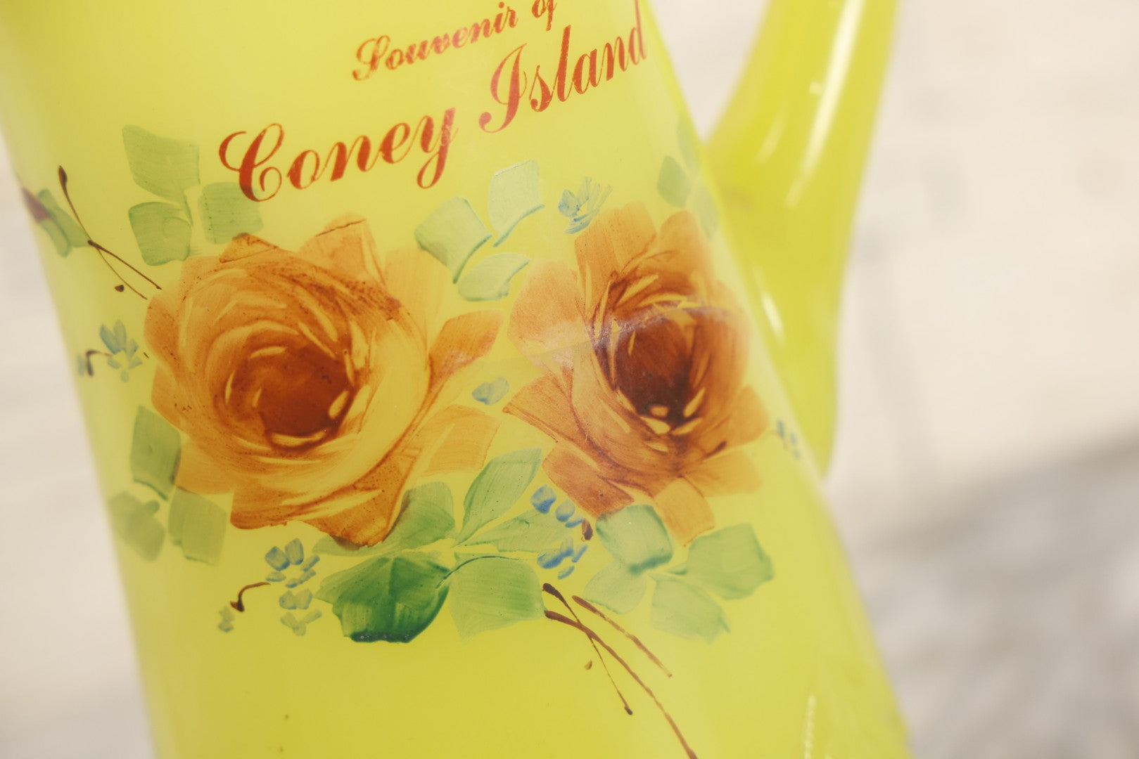 Lot 010 - Antique Uranium Glass Pattern Glass Pitcher With Painted Roses And Gold Accents, "Souvenir Of Coney Island," New York City, Circa Early 20th Century, Note Large Crack, 8-3/8" H